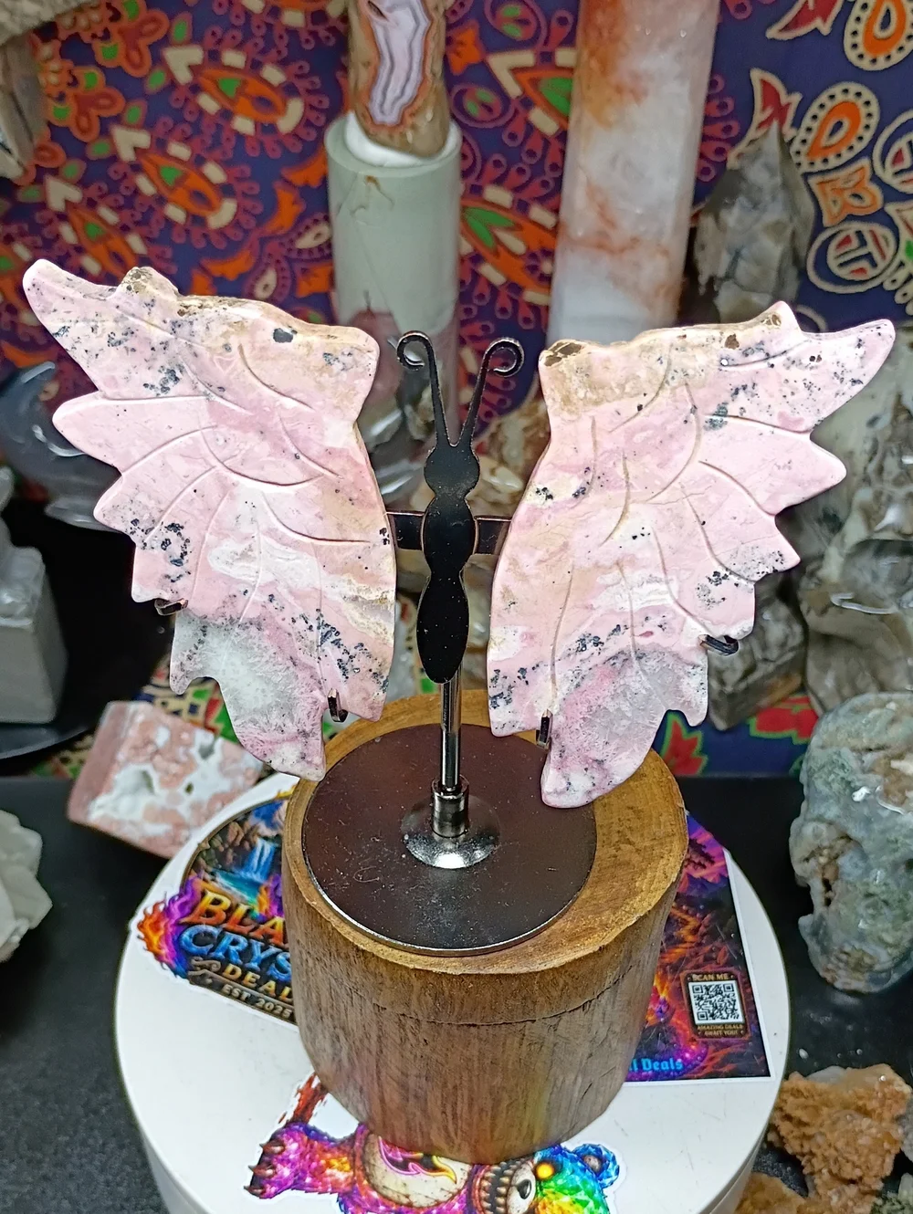 Peruvian Rhodonite Butterfly Wings Decor In Custom Stand